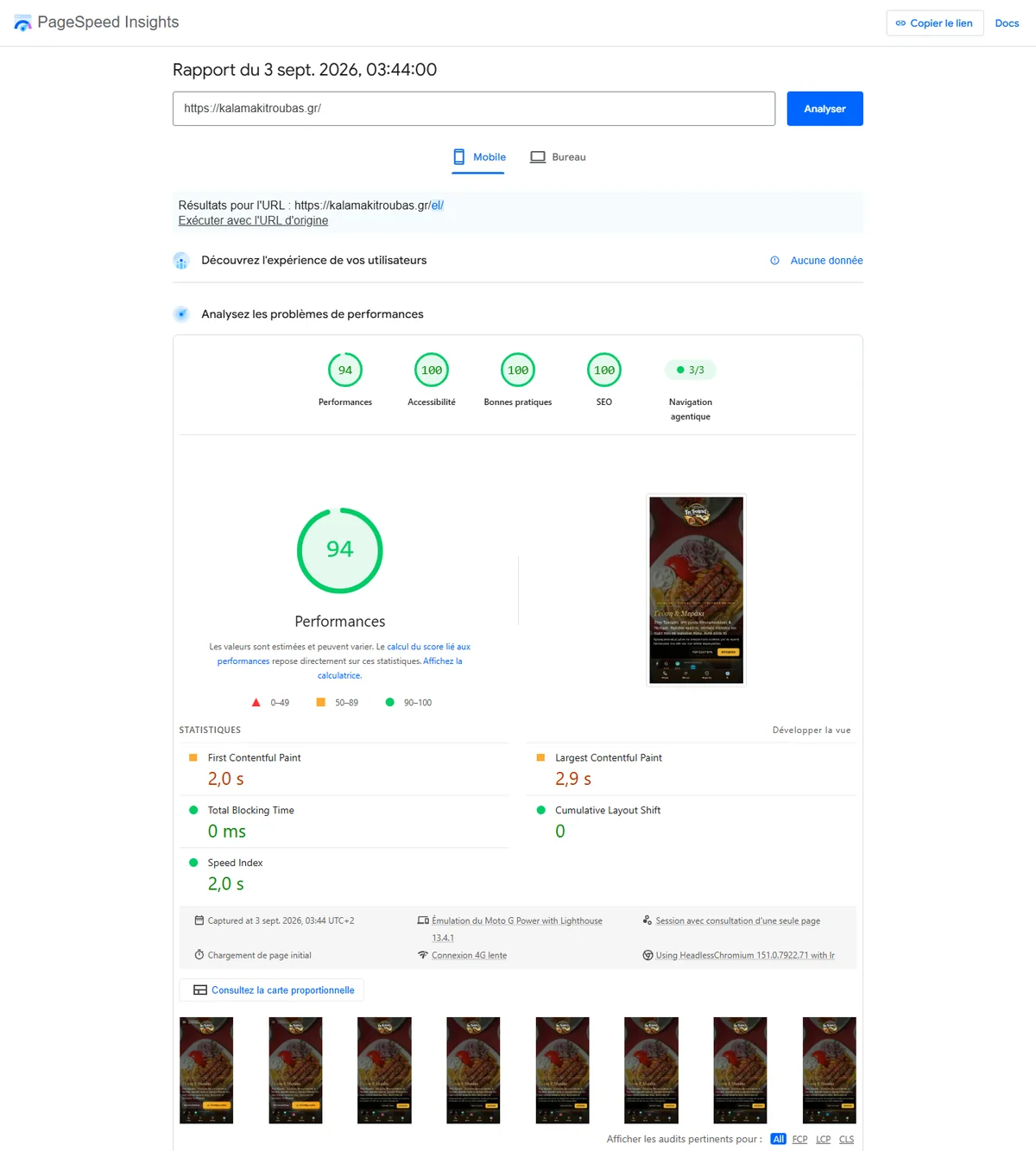 PageSpeed Insights, Kalamaki, mobile — 94 · 100 · 100 · 100